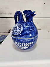 Vintage Cobalt Blue and White Porcelain Chicken Shaped Trinket Holder picture