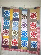 Vtg 50s Patchwork Quilt Hand Pieced & Quilted Colorful Folk 16 Patch Rare Unique picture
