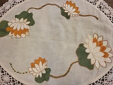 VINTAGE HAND EMBROIDERED LOTUS LINEN  SMALL HOLES MINOR WATER LILIES picture