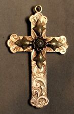 European 9K Two Toned Gold Engraved Crucifix set with Pearl or Moonstone c. 1885 picture
