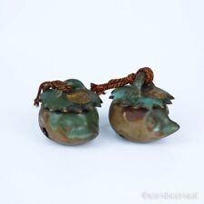 2x Vtg Japanese Clay Bell Ceramic Vintage old Green Kappa Japanese Clay Om3inch picture