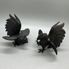 Vintage Brass Fighting Roosters Game Cocks Chickens 3.5” Black Vtg Metal picture
