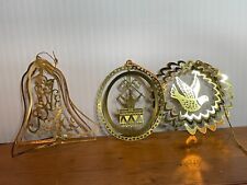 Lot 3 Vintage 80s Metal Brass Gold-Tone Die Cut Etched Christmas Tree Ornaments picture