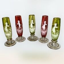 5 Rare Antique Flute Shot Cordial Glasses Mary Gregory Hand Painted Ruby Green picture