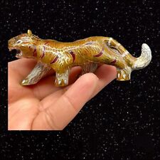 Folk Art Jaguar Metal Embroidered Cat Figurine Hand Painted Gilded 4”W 1.5”T picture