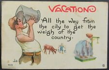 Man Drinking from Bucket Vacation Woman Scale Artist Wall Vintage Comic Postcard picture