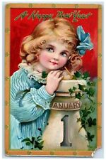 c1910's New Year Girl January 1 Holly Leaf Embossed Tuck's Antique Postcard picture