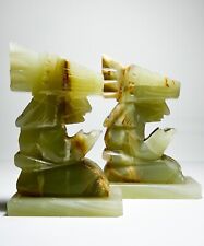 Mid-Century Hand Carved Green Onyx Geometrical Heavy Aztec Pair of Bookends picture