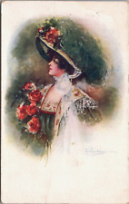 1911 Edwardian Woman Hat Green Ostrich Wing Feather Red Roses Artist Williams picture
