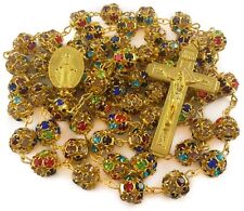 Colorful Zircon Beads Golden Rosary Catholic Necklace Miraculous Medal Cross picture