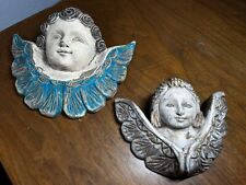 2 Wooden Hand Carved PUTTI ANGEL CHERUB TWO LOT Face MIX Wings Folk Art Plaques picture