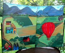 Primitive Folk Art Oil Paintings Hot Air Balloon over Farm Land Signed Elizabeth picture