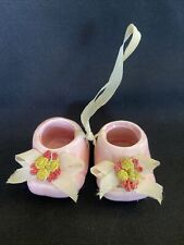 Vtg 50’s Ceramic Art Pink Baby Booties Embroidered Flowers Shower Gift Ornament picture