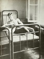 1950s Young Shirtless Muscle Man Reading newspaper Lying on Bed Vintage Photo picture