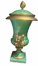 vintage italian Green Ornate Vase With Lid And Gold Gilded Heads  picture