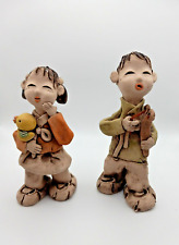 Bonsan Japanese Earthenware Girl & Boy Unglazed Pottery- Vintage Handmade picture