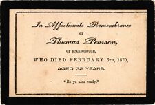 US Victorian 1870 Remembrance Mourning Card - Thomas Pearson. Embossed Text. picture