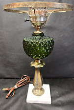 VINTAGE MCM GREEN CENTER GLASS GLOBE MARBLE BASE BRASS LAMP HURRICANE SHADE picture