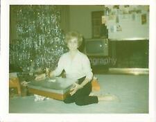 60's 70's Christmas Morning TREE WomanFOUND PHOTO Color Snapshot VINTAGE 03 17 V picture