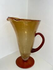 Yellow  & Brown Hand Blown Art Glass Pitcher Applied Handle & Base 10+ Inches picture