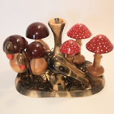 Vintage Carved Wooden Mushroom & Bird Sculpture Folk Art Handmade Candle Holder picture