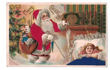 Silk Santa Claus with Sleeping Girl~Tree~Toys ~Antique Christmas Postcard~h919 picture
