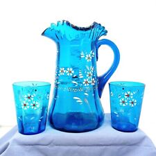 Antique Victorian Ruffled Pitcher 2 Tumblers Blue Hand Blown Painted Flower READ picture