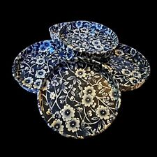 Vintage Set Of 6 Metal Tin Blue & White Floral Calico Coasters England 3.25