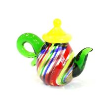 Cute Tiny Teapot Glass Figurine Ornament Creative Lucky Leaf Line Pattern Design picture
