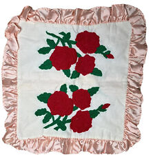 Vintage Needlepoint Embroidery Throw Pillow Sham Cover Roses Satin 20” Square picture