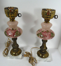 Vintage Pair Boudoir Hurricane Lamps Chic Pink Floral Marble Base No Chimneys picture