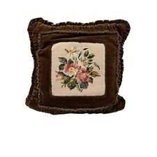 Vintage Needlepoint Pillow Brown Velvet Shabby Chic Floral Victorian picture