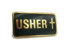 Usher Lettered Pin Dark Green Background Cross & Gold Tone picture