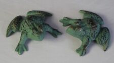 Pair of Vintage Cast Iron Frogs Green Brushed Bronze Paperweight Size 3