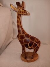 Hand Carved Wooden Giraffe On Wood Base 11.5