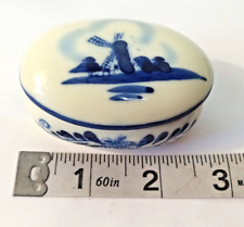 Vintage Delft Blue White Oval Porcelain Small Trinket Box Hand Painted Windmill picture