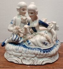 Victorian Blue & White Porcelain Figures Enjoying Spring - Lace - Porcelain Vtg picture