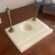 Vintage MCM Marble Onyx Desk Top Double Ink Pen Stand Swivel Brass Holders picture