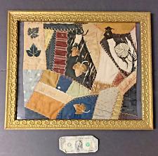 1909 Embroidered Crazy Quilt Piece In Wood Frame MAKER SIGNED Antique Victorian picture