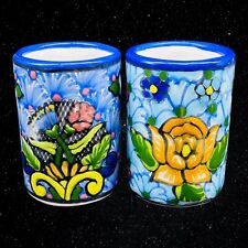 Pair Of Mexican Folk Art Pottery Talavera Zepeda Drinking Tumblers 4”T 2.75”W picture