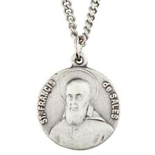 Round Pewter Catholic Saint St. Francis de Sales Medal Pendant Necklace, 3/4 In picture