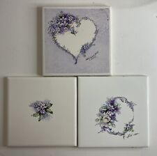 3 Original Hand painted Porcelain Tiles, Purple Flowers And Hearts Adele Holt picture
