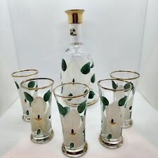 Vintage Corsage Painted Magnolia Flower Glass Liquor Service Set with Gold Rim  picture