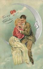 PFB Valentine Postcard 6859 Lovers sitting on Silver Crescent Man in Moon Posted picture