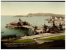 England. Plymouth. The Pier, with Drake's Island.  Vintage Photochrome by P.Z, picture