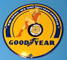 VINTAGE GOODYEAR MOTORCYCLE PORCELAIN GAS WIDE TIRES SERVICE STATION PUMP SIGN picture