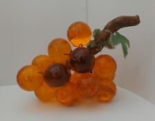 Lucite Acrylic Orange Amber Grapes Cluster on Drift Wood MCM 8 1/2” Long Vintage picture