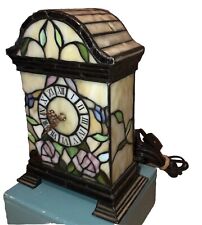 Stained glass 10.5” mantle clock Lamp Lights Up Tiffany style Flowers Nice picture