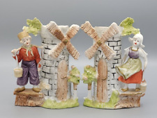 Vintage German Bisque Porcelain Figurine Vases  with Dutch  boy & girl Windmill picture