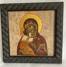 Vintage Hand Painted Orthodox Icon Vurgin Mary in Jeweled Wood Frame 7 3/8” picture